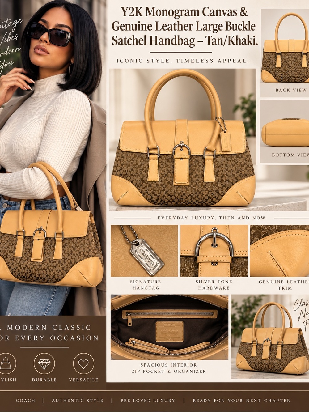 Y2K Tan Monogram Canvas & Leather Large Buckle Satchel Handbag